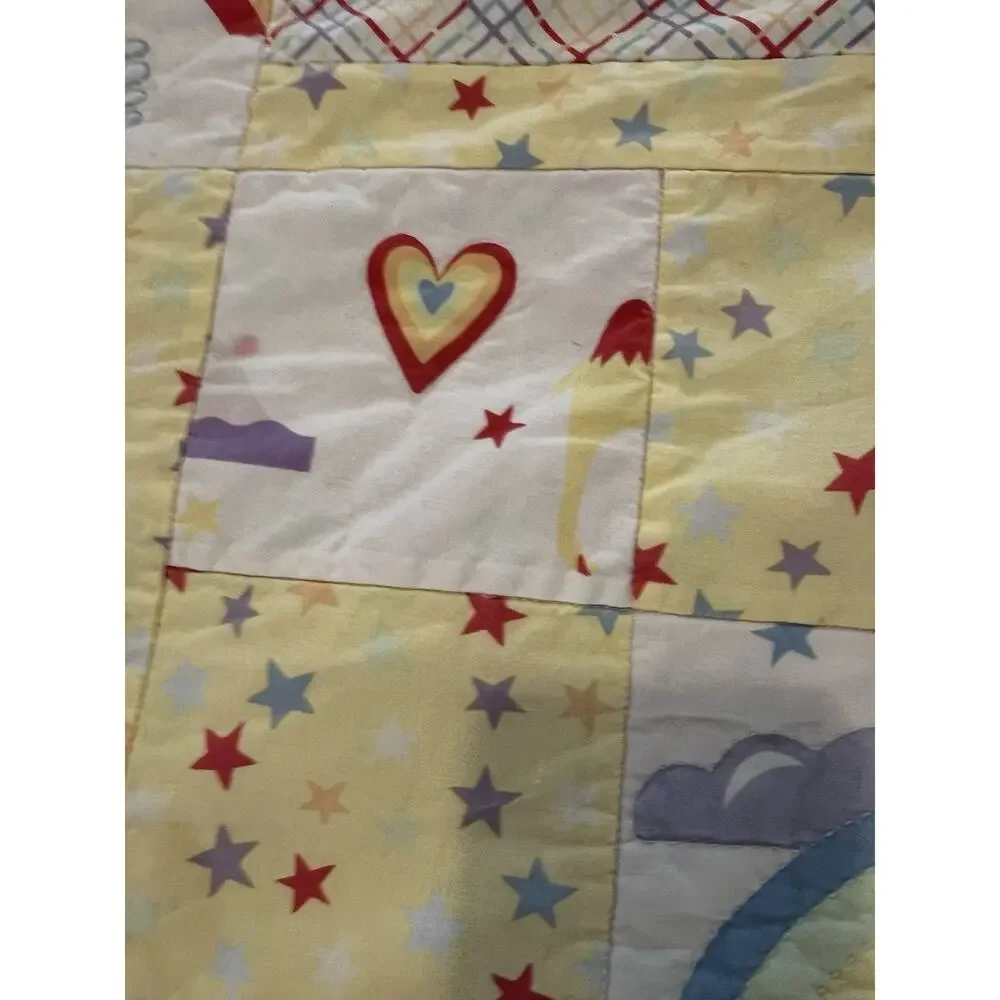 Vintage Handmade Childs Baby Quilt Rainbows Hearts Love Animal Patch Works Cotto